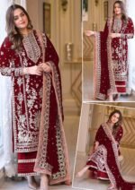 Aneela's Luxury Embroidered Chiffon Wedding Collection- MEROON With Chiffon Duppata - King Copy - Image 15